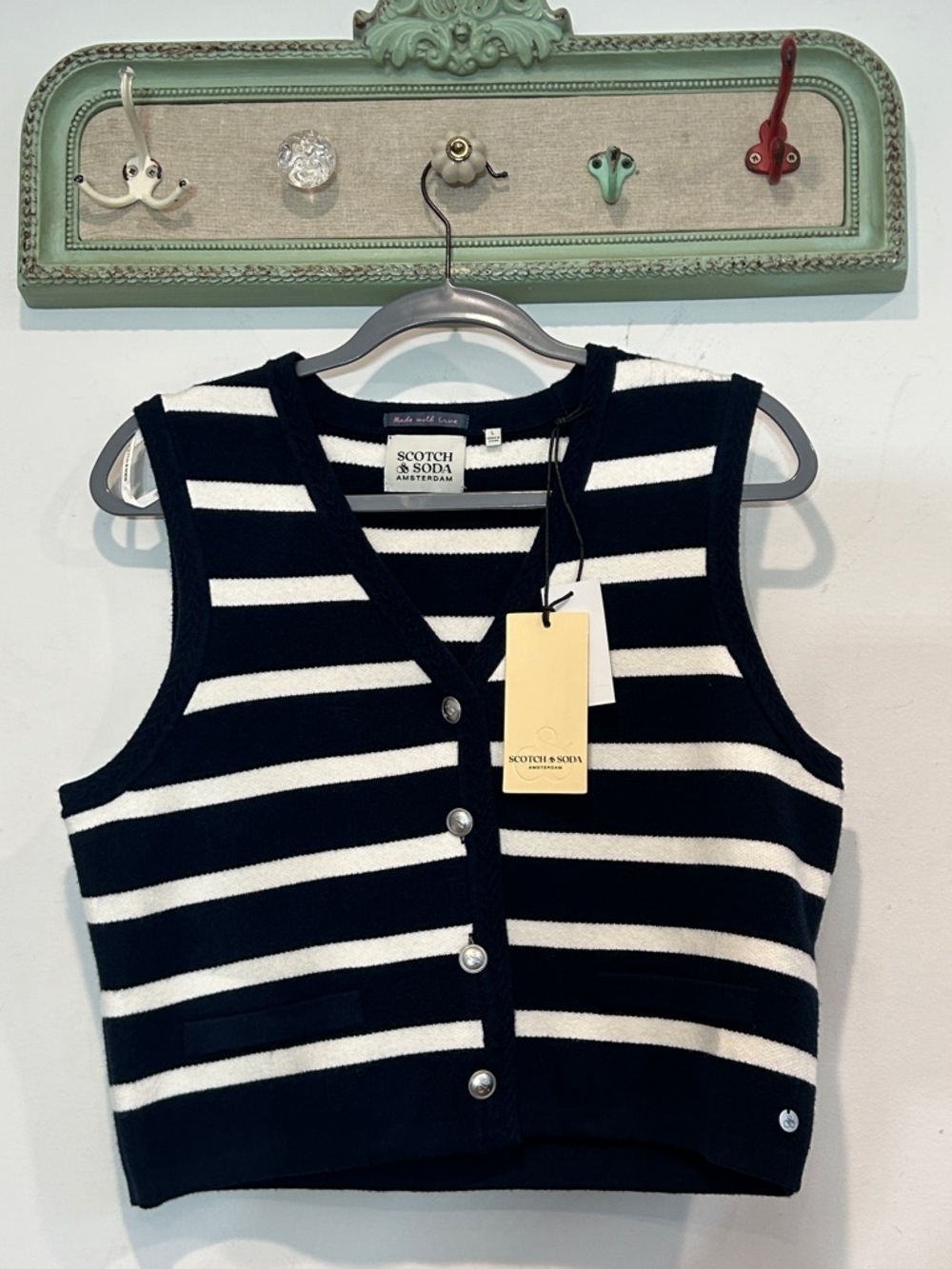 Scotch & Soda Navy and White Striped Button-Front Knit Vest